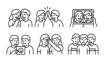 Friendship and fun activities with smiling friends in black and white line art