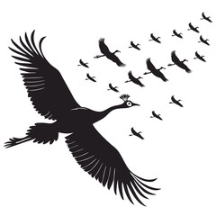 Obraz premium Black silhouette of crowned crane leading flock across white background vector illustration