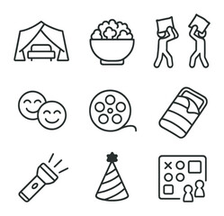 Fototapeta premium Pajama Party Icons. Outline icon set of pajama party fun: blanket fort, popcorn bowl, pillow fight, flashlight beam, giggling
