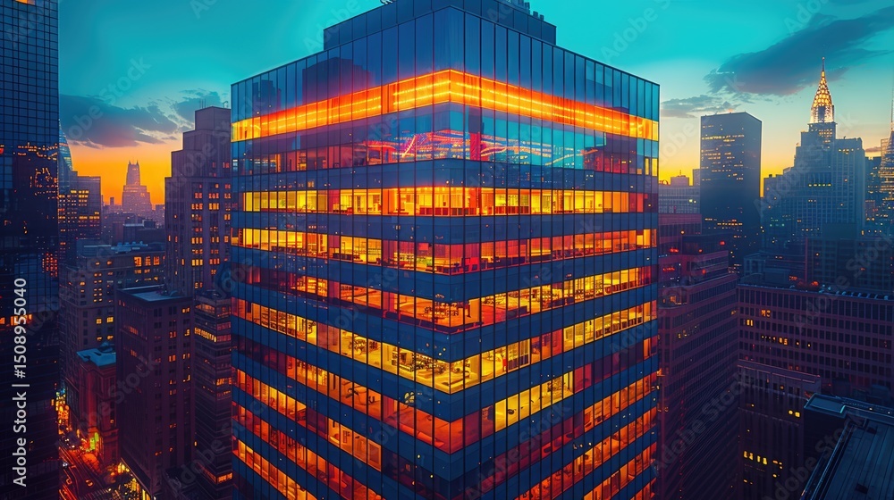 Poster neon-lit skyscraper at twilight - towering office building with glowing window patterns emerging as 