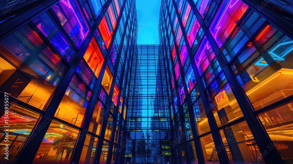 Poster neon-lit skyscraper at twilight - towering office building with glowing window patterns emerging as 