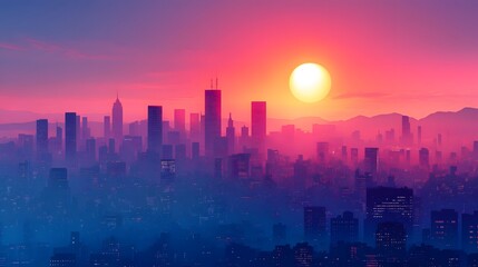 A cityscape bathed in the warm glow of the sun and the cool hues of twilight creates a visually stunning abstract. The silhouettes of buildings blend with the colorful sky.