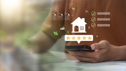 Real estate rating concept showing a user evaluating properties through a mobile app, highlighting housing investment, customer feedback, satisfaction, market analytics, and digital property reviews