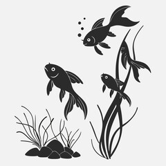 Black silhouette of goldfish with algae and bubbles minimalist underwater scene
