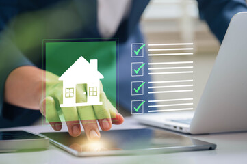 Real estate checklist concept showing a professional using digital tools to evaluate property tasks, highlighting housing management, investment planning, task tracking, approval processes.