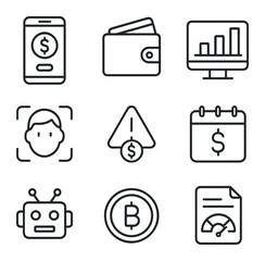 Modern Fintech Icons. Outline vector icons of modern fintech tools and services: mobile banking app,