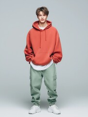 Fototapeta premium Ultrarealistic studio shot of a stylish teenager in a coral hoodie and mint green cargo pants against a seamless white background, showcasing trendy colors and textures.