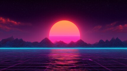 dreamy retro sunset with neon lights and vaporwave grid background
