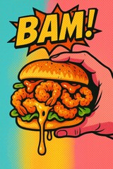 pop art fried shrimp sandwich with sauce drips and bold comic style look