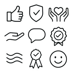 Fototapeta premium Parental Reassurance Icons. Outline icon set of parental reassurance symbols: thumbs up, checkmark shield, heart in hands, support