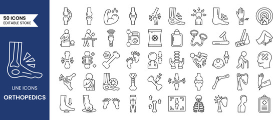 Orthopedic line editable icon set. A set of icons related to broken bones, calcium, x-ray, injury and joints and more. Vector illustration