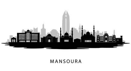 Naklejka premium Mansoura with Egypt Skyline Silhouette Black and White.