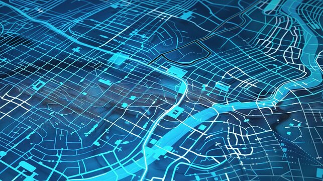  Abstract blue digital city map background with glowing lines and streets, top view. Modern urban technology concept for travel or business plan design.