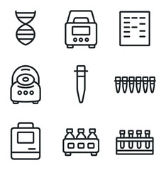 Molecular Biology Icon Set. Outline icon set of molecular biology workflow: DNA double helix, PCR thermocycler, electrophoresis