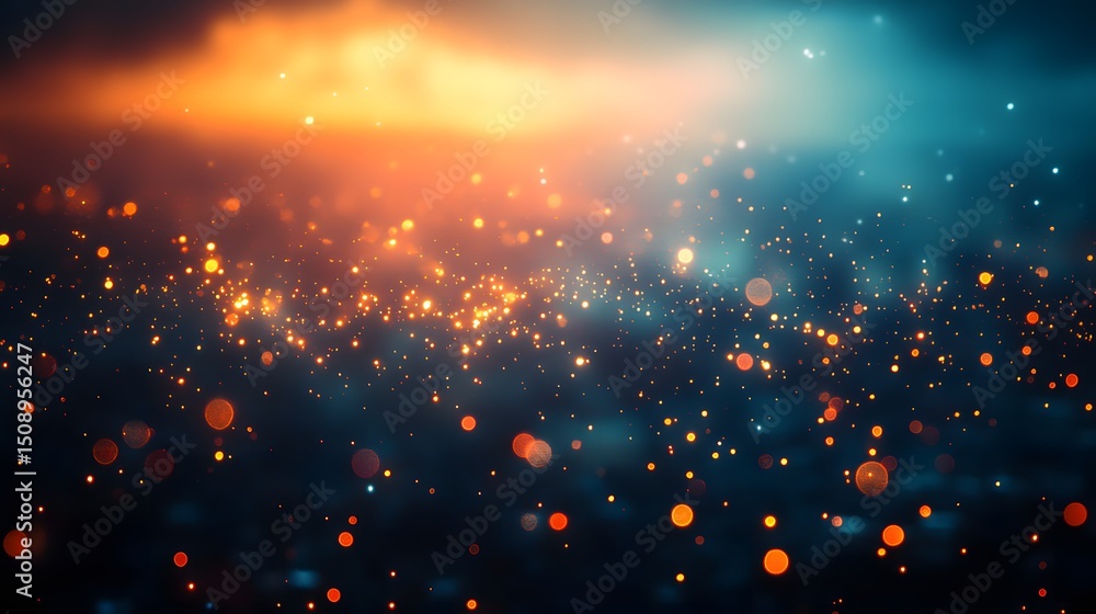 Poster an abstract theme unfolds with shimmering particles suspended between orange and blue gradients. bok
