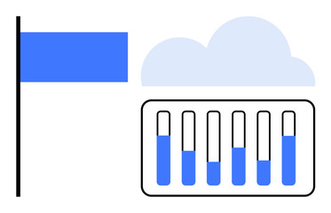 Blue flag, cloud, and bar graph of test tubes. Ideal for data analytics, storage, cloud services, science, innovation, research tests simple landing page