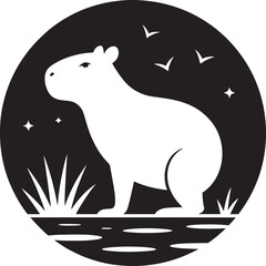 A capybara silhouette in a black circle with stars birds grass and water in a minimalist design