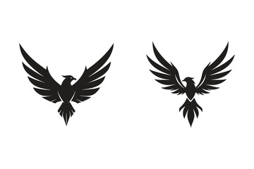 Silhouette Bird Icon, mythical phoenix bird silhouette with wide open wings in flight pose vector style, Bird icon