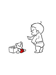 Child scolding teddy bear holding coffee cup, playful hand-drawn art