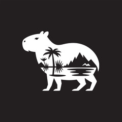 White capybara silhouette filled with a landscape scene on a black background illustration art