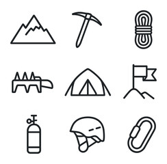 Mountaineering Icon Set. Outline icon set of mountaineering history: mountain peak, ice pick, rope coil, crampon, base camp tent,