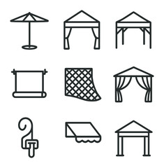 Outdoor Shading Icons. Outline icon set of outdoor shading solutions: patio umbrella, canopy with