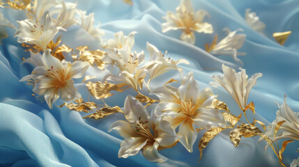 A close-up of elegant white lilies with golden leaves on soft blue silk, showcasing intricate details and textures, illuminated by soft lighting for a luxurious feel.