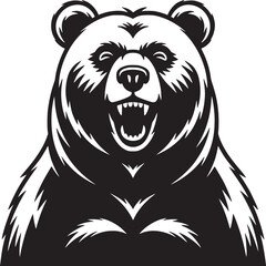 A stylized black and white illustration of a roaring bear with visible teeth and rounded ears