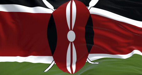 Close-up of Kenya national flag waving in the wind