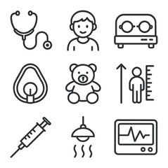 Fototapeta premium Pediatric Emergency Icons. Outline icon set of pediatric emergency care: pediatric stethoscope, child patient, neonatal incubator,