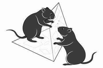 Cartoon black rats climbing geometric pyramid shape abstract simple vector illustration