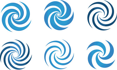 Abstract blue spiral swirl logos set, modern circular vortex icons, dynamic rotation symbols, vector design elements, creative branding shapes, digital wave patterns, vector.