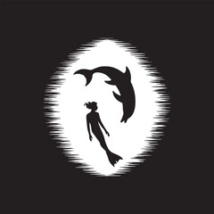 Silhouette of a mermaid and a dolphin in a circle on a black background in monochrome style art