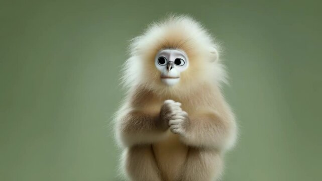 Cute golden snub-nosed monkey, expressive eyes, hands together, light brown fur, fluffy, sitting upright, isolated on a green background, studio shot, portrait