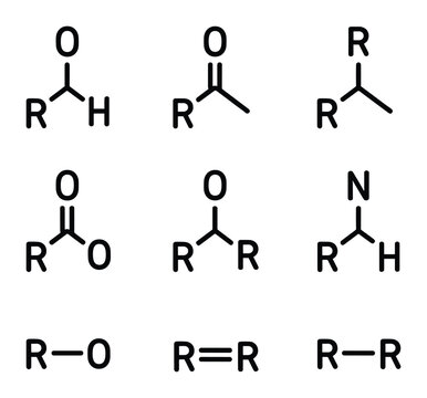 Organic Functional Icons. Outline icon set of organic functional groups: alcohol group, aldehyde group, ketone group, carboxylic