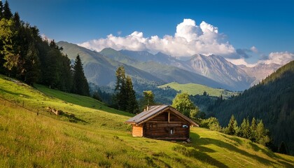 Obraz premium serene mountain cottage nestled in a valley