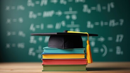 Graduation Cap on Books Chalkboard