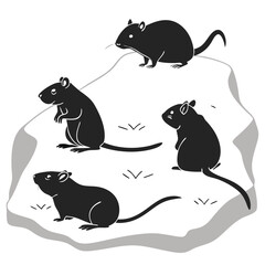 Cartoon rats grouped on a hill black and white vector illustration