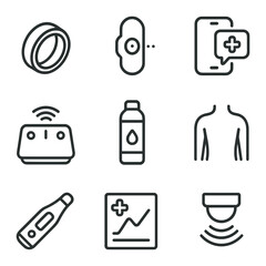Remote Health Monitoring Icons. Outline icon set of remote health monitoring: smart ring, biosensor