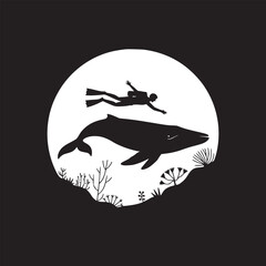 A silhouette of a whale and a diver in a white circle against a black background with plants below them © Syed  39
