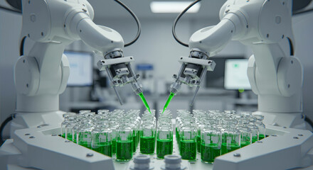 Automated Pharmaceutical Production: Robotic Arms Filling Vials