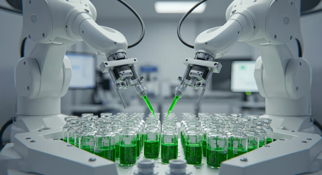 Automated Pharmaceutical Production: Robotic Arms Filling Vials