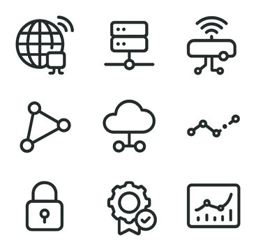 IoT Icon Set. Outline icon set of IoT global device networks: sensor node globe, MQTT broker, edge gateway, mesh link, cloud API,