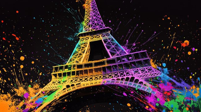 Graffiti art of the Eiffel Tower, featuring vibrant colors of purple, green, yellow, and orange, with splatter drips against a black background, in the style of a graffiti artist.