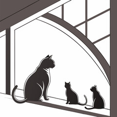 Cat family silhouettes sitting on window sill minimalist vector illustration