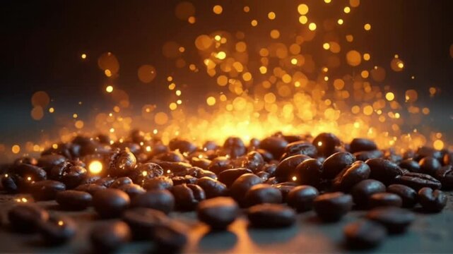 A close-up shot reveals a pile of dark roasted coffee beans, illuminated by a magical golden glow and sparkling particles, creating a warm and inviting atmosphere.