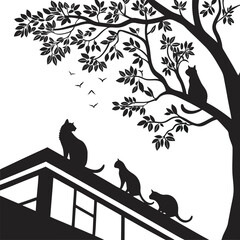 Cats on roof and tree branches in silhouette vector illustration design
