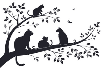 Cats silhouette sitting in a tree with birds vector illustration