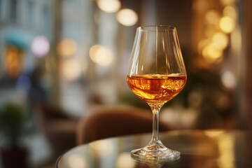 Obraz premium Elegant photo of a crystal wine glass filled with orange wine, placed on a sleek glass table. The background features a softly blurred upscale restaurant interior with warm ambient lighting and stylis