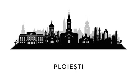 Naklejka premium Ploiesti Skyline with Romania, Cityscape, and Black Silhouette.